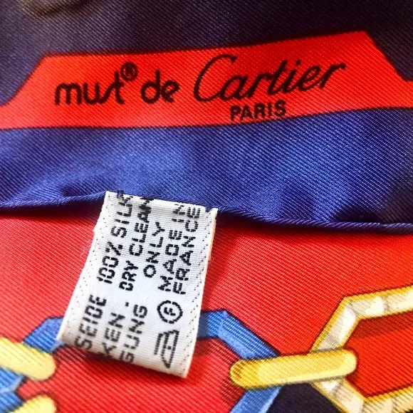 CARTIER Must de France Silk Scarf Vintage Navy Blue & Red Gold Chain Jewel Logo